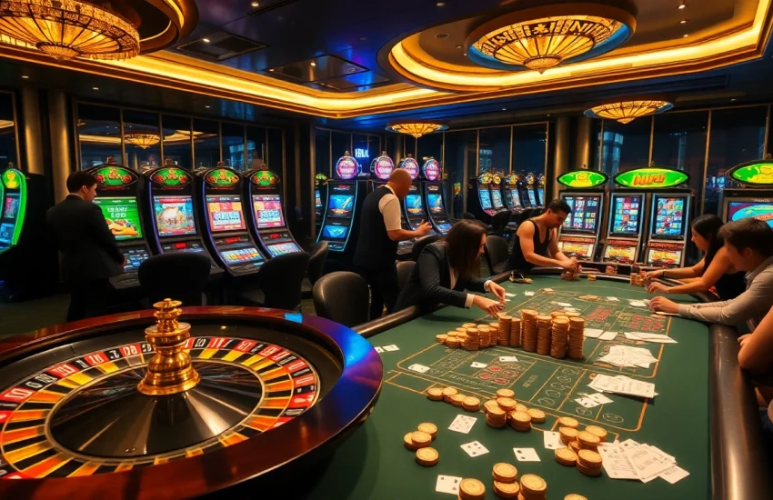 Experience the thrilling gameplay at BL555 with a vibrant casino scene showcasing roulette and poker.