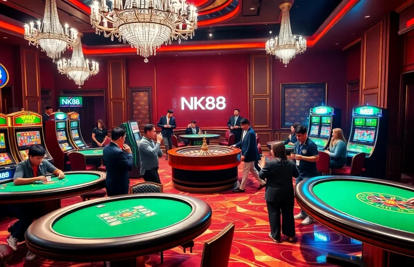 Players enjoy a vibrant NK88 casino experience at luxurious gaming tables with thrilling atmosphere.