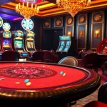 Experience exciting gameplay at DA 88's luxurious casino tables filled with poker chips and vibrant slot machines.