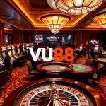 Experience the excitement of VU88 in a luxurious casino setting with poker tables and vibrant slot machines.
