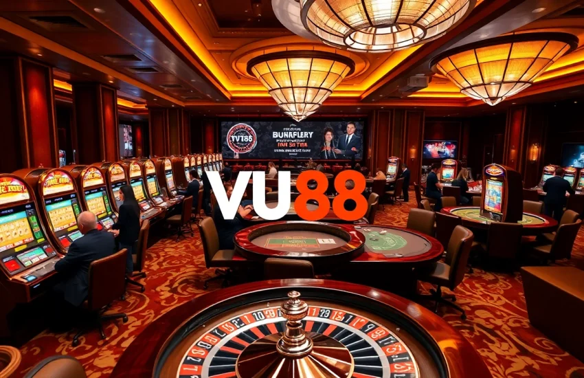 Experience the excitement of VU88 in a luxurious casino setting with poker tables and vibrant slot machines.