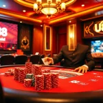 Exciting game scene at U888 casino with poker chips, cards, and roulette wheel.
