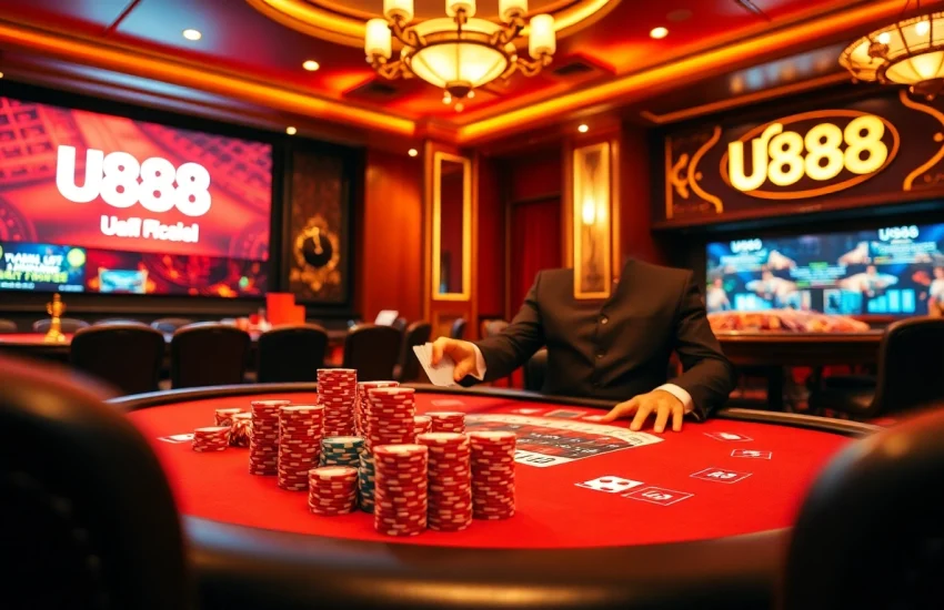 Exciting game scene at U888 casino with poker chips, cards, and roulette wheel.