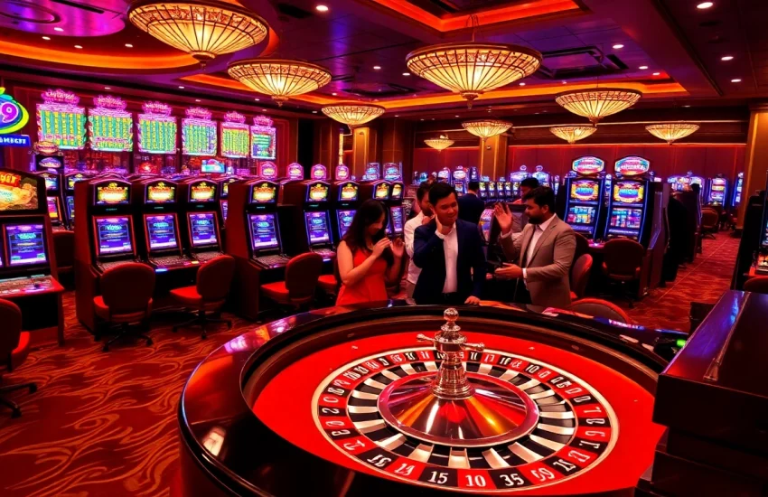 Players enjoying a thrilling game at Naga99's vibrant casino, celebrating a jackpot win.