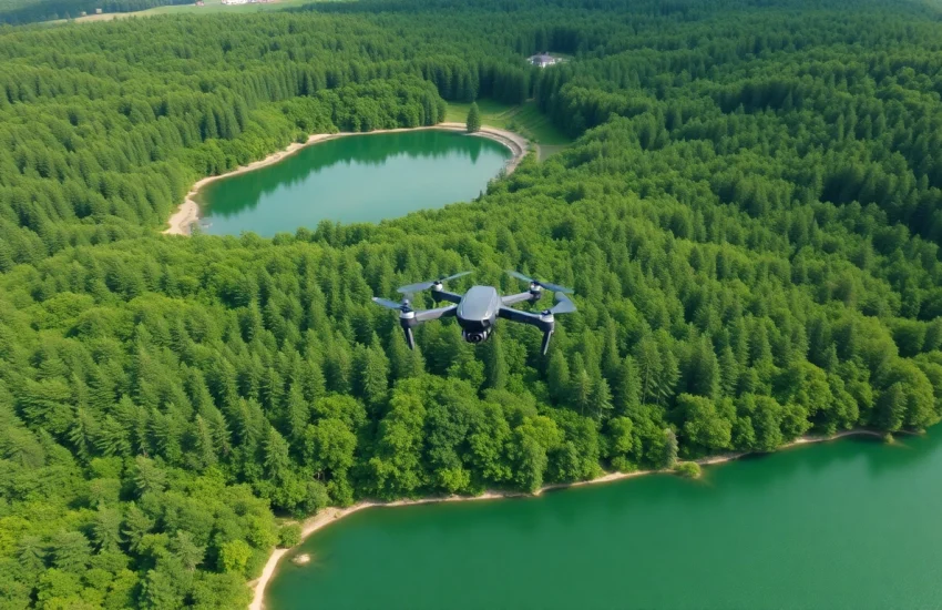 Drohnenaufnahmen Brandenburg zeigen atemberaubende Landschaften mit Bergen und Flüssen.