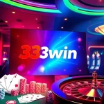 A vibrant casino scene showcasing 33win online gambling interface with lively players and gaming elements.