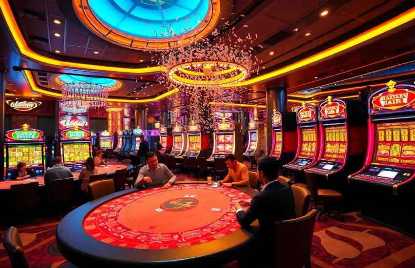 Luckywin casino scene showcasing vibrant slot machines and excited players celebrating wins.