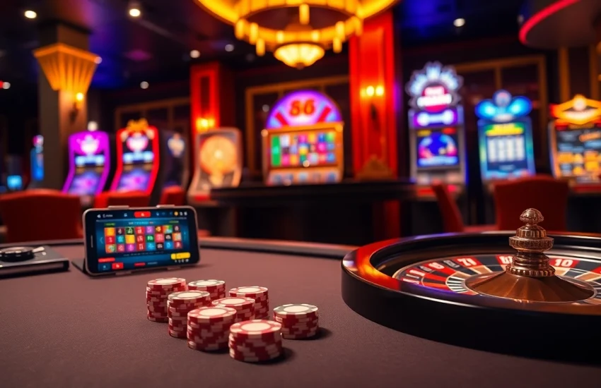 Experience the thrill of 88i đăng nhập with vibrant casino visuals featuring gaming tables and slot machines.