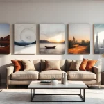 Stilvolles, modernes Wohnzimmer mit Bildern auf Leinwand, die eine einladende Atmosphäre schaffen.