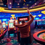 Celebrate a win at slot365's luxurious casino with vibrant slot machines and festive decor.