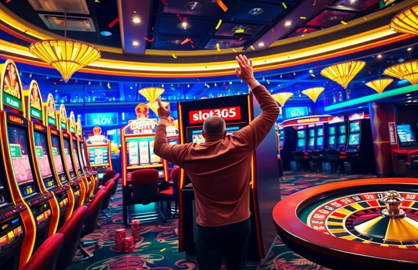 Celebrate a win at slot365's luxurious casino with vibrant slot machines and festive decor.