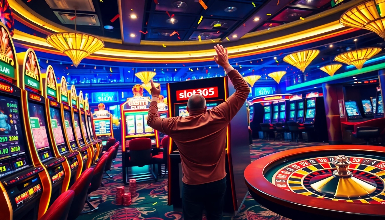 Celebrate a win at slot365's luxurious casino with vibrant slot machines and festive decor.