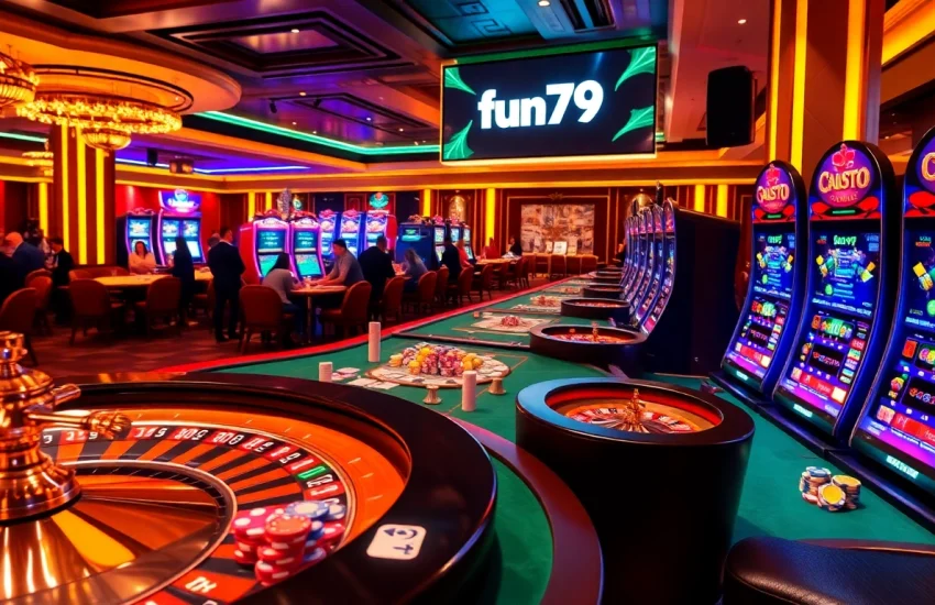 Fun79 players engaging at a vibrant casino table with cards and chips.