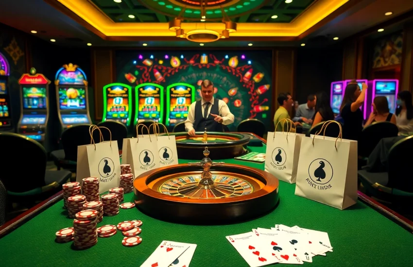 Logotipu maisiņi izrādās starp krāsainiem kazino elementiem, piemēram, pokera čipsiem un kartēm.