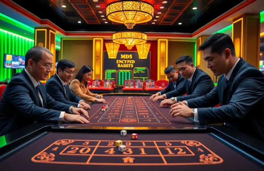 Tài xỉu MD5 gaming table with players placing bets, showcasing excitement in a casino.