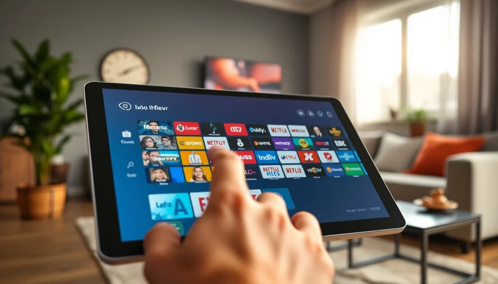 IPTV Abo Anbieter Benutzeroberfläche auf modernem Tablet in stilvollem Wohnzimmer