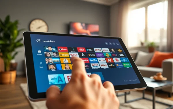 IPTV Abo Anbieter Benutzeroberfläche auf modernem Tablet in stilvollem Wohnzimmer