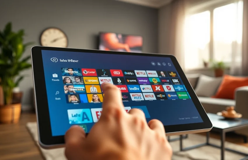 IPTV Abo Anbieter Benutzeroberfläche auf modernem Tablet in stilvollem Wohnzimmer