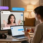 Engaging in porn chat AI conversation with friendly avatar in cozy virtual setting