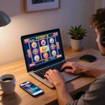 Player engaging with 11win online slots on laptop, showcasing focus and excitement in home environment
