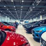Auto kaufen in einem modernen Autohaus mit verschiedenen Fahrzeugmodellen übersichtlich präsentiert.