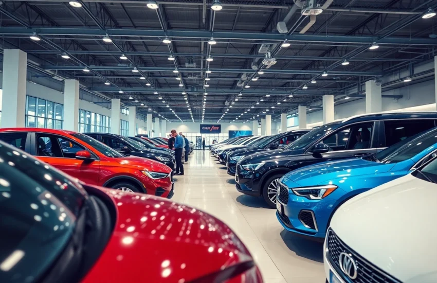 Auto kaufen in einem modernen Autohaus mit verschiedenen Fahrzeugmodellen übersichtlich präsentiert.