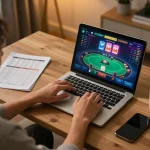 Engaging online gambling scene on https://mb668.co/ with player using laptop for strategic betting.