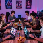 Immersive scene of players enjoying engaging porn game online on various devices in a cozy gaming setup.