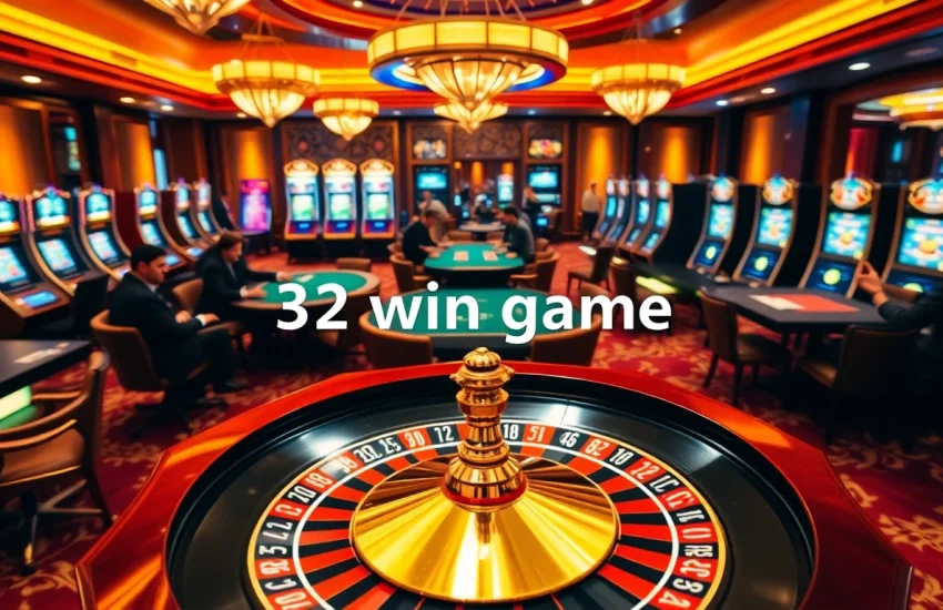 Experience the thrill of a 32 win game at a lavish casino with vibrant tables and engaging players.