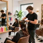 Friseur stylt Haare in einem hellen, modernen Salon mit bunten Produkten.