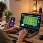 Player interacting with EA77 betting app on laptop, showcasing dynamic sports betting interface