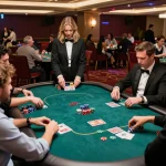 Players engaged in strategic gameplay during a Plagiat Scan poker game in a vibrant casino.