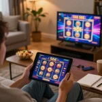 Person enjoying gameplay on the casino 566 app in a cozy home setting with snacks.