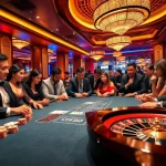 Engaging poker players at Nhà Cái CM88 casino, showcasing excitement and luxury in a vibrant environment.