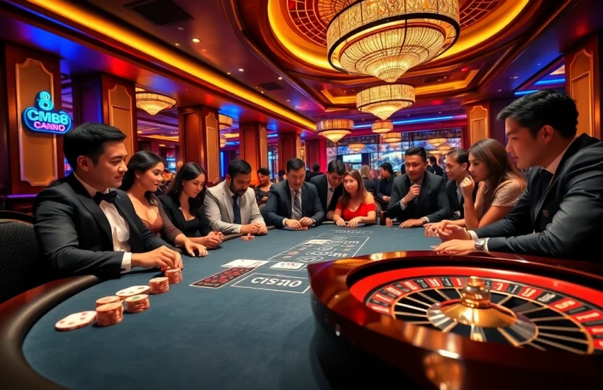Engaging poker players at Nhà Cái CM88 casino, showcasing excitement and luxury in a vibrant environment.