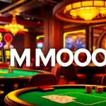 Engaging casino scene showcasing MMOO with players at a lively poker table and vibrant slot machines.