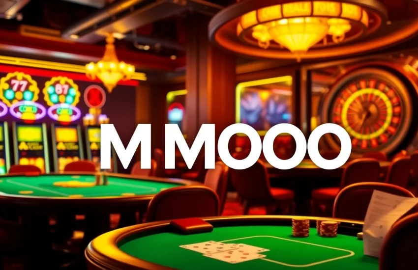 Engaging casino scene showcasing MMOO with players at a lively poker table and vibrant slot machines.