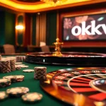 Experience high-stakes action at an okwin gaming table with poker chips and roulette wheel.