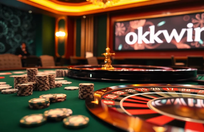 Experience high-stakes action at an okwin gaming table with poker chips and roulette wheel.