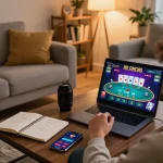 Engaged in online gambling, a player enjoys a game at nhà cái uy tín OK8386 on a cozy sofa.