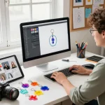 Designer's workspace with a variety of acryl schlüsselanhänger selbst gestalten, showcasing vibrant custom acrylic keychains.