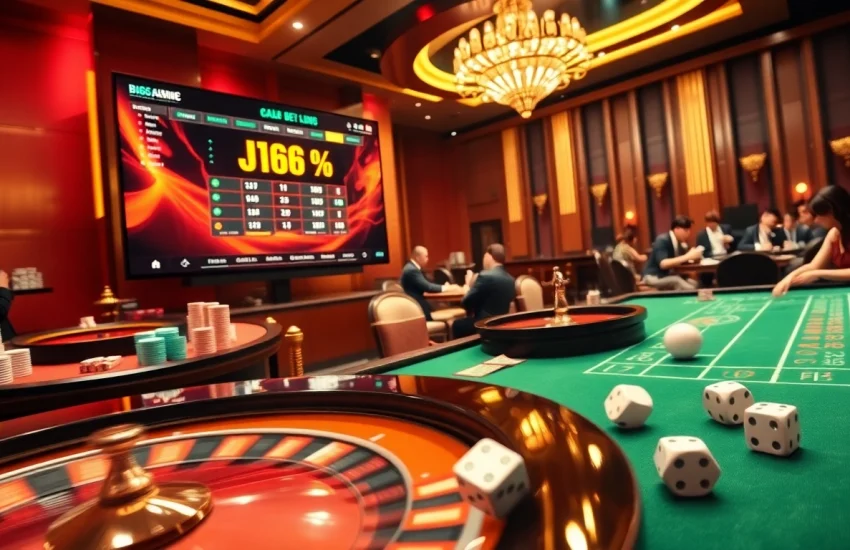 Players enjoying a thrilling BJ66 online casino experience showcasing poker tables and vibrant gaming action.