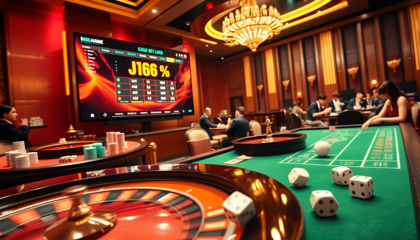 Players enjoying a thrilling BJ66 online casino experience showcasing poker tables and vibrant gaming action.