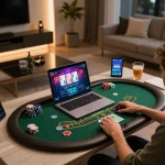 Player engaged in baccarat on laptop at home, showcasing Nhà cái uy tín F168 experience with stylish setup