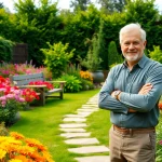Gartenbauer plantet blühenden Garten mit bunten Pflanzen und sorgfältigem Design.