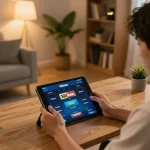 Engaging with 123win net on a tablet for a seamless online gaming experience in a cozy home.