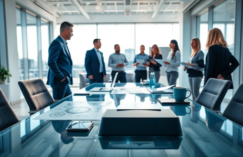 Headhunter Ingenieure in a modern office discussing career opportunities with engineers.