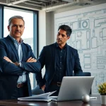Headhunter Ingenieure in einem modernen Büro, der mit einem Ingenieur diskutiert.