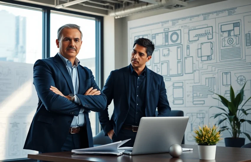 Headhunter Ingenieure in einem modernen Büro, der mit einem Ingenieur diskutiert.