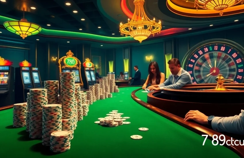 Players engaging in high-stakes games at 789club, surrounded by vibrant casino elements.